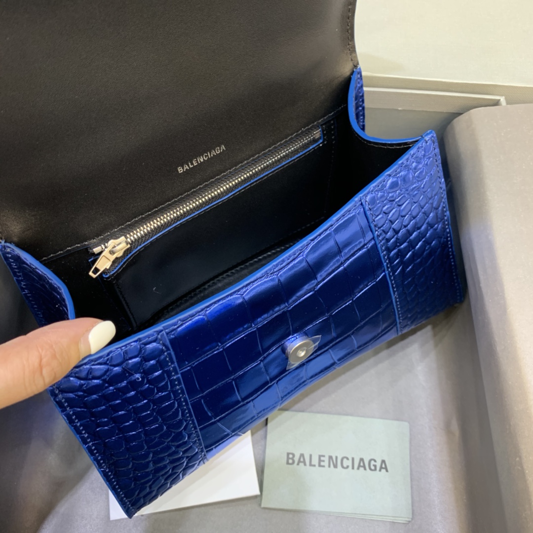 Balenciaga Hourglass Small Handbag Crocodile Embossed Shoulder Bag Blue